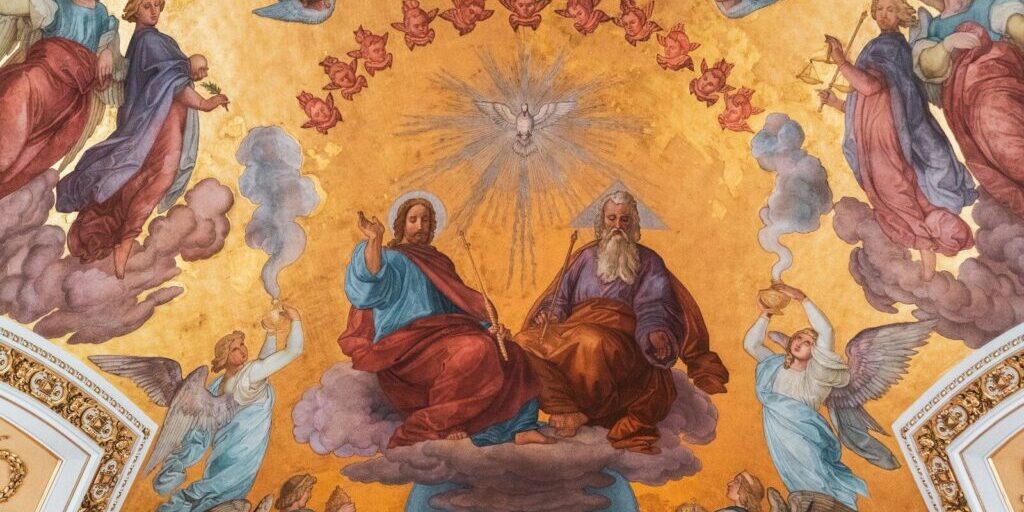 Religious ceiling fresco depicting the holy trinity surrounded by angels